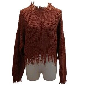 Coco Jaimeson Women's Cropped Copper Spice Frayed Trim Pullover Sweater Large